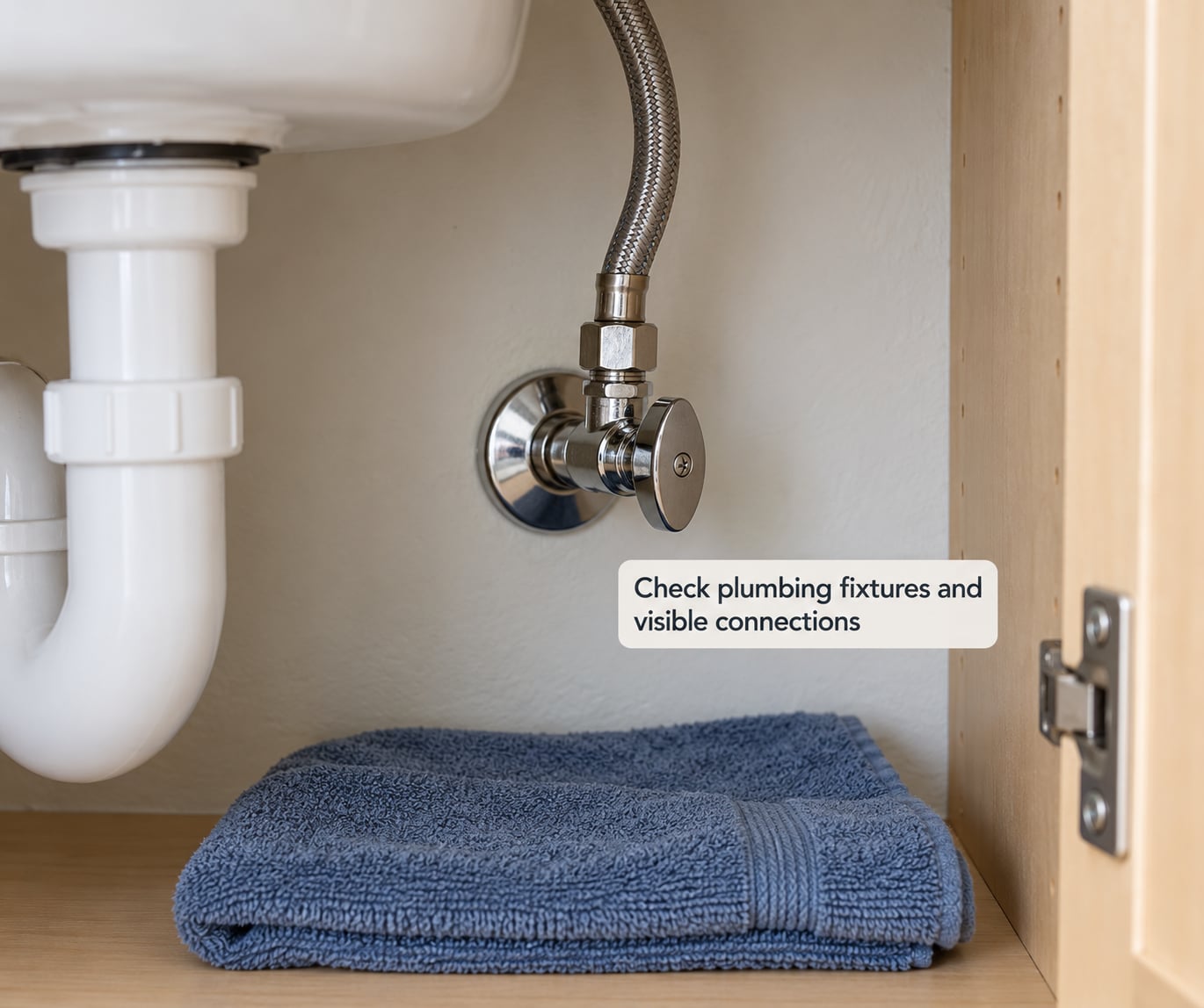 Check plumbing fixtures and visible connections
